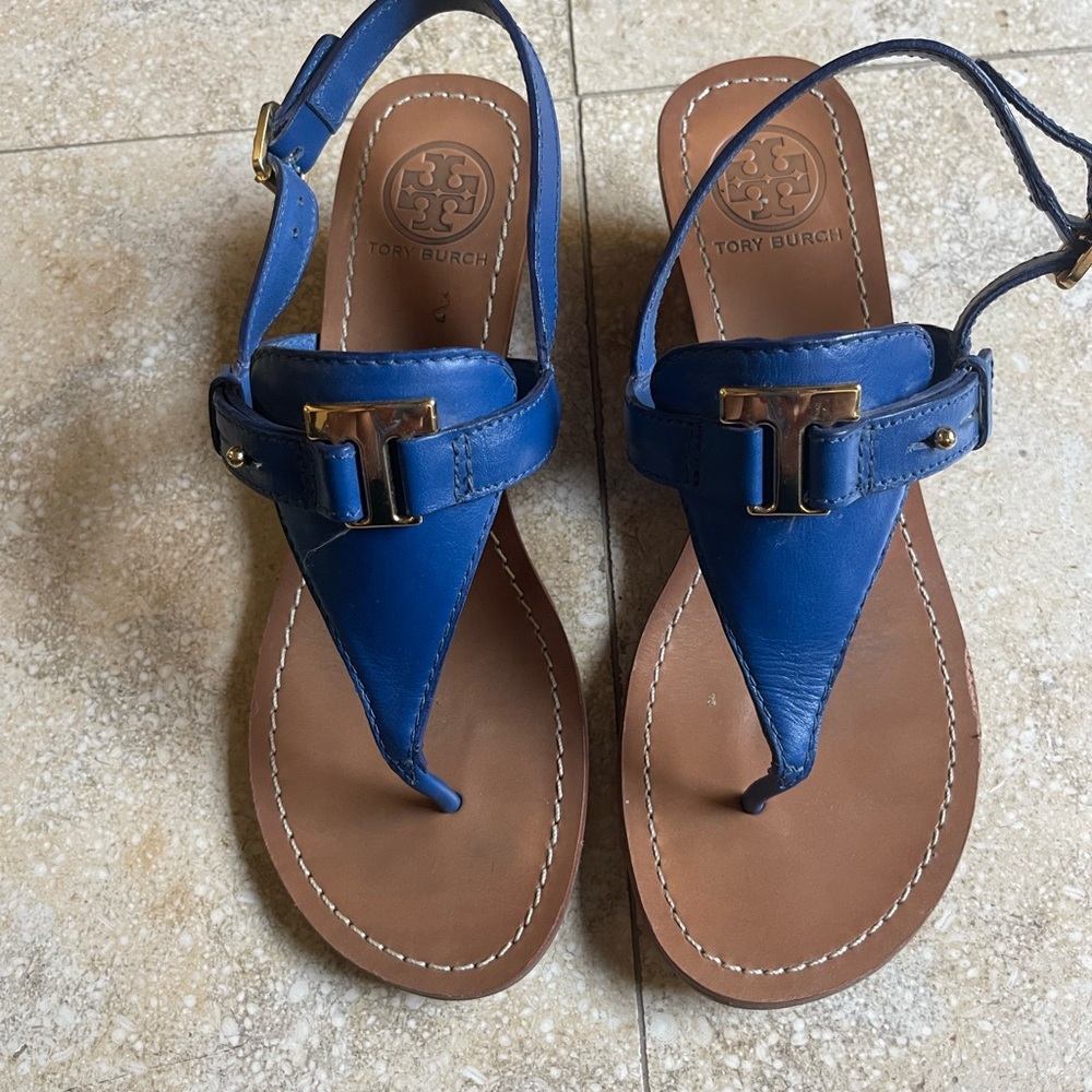 Tory Burch Blue Wedge Heeled Sandals with Metal Accent
